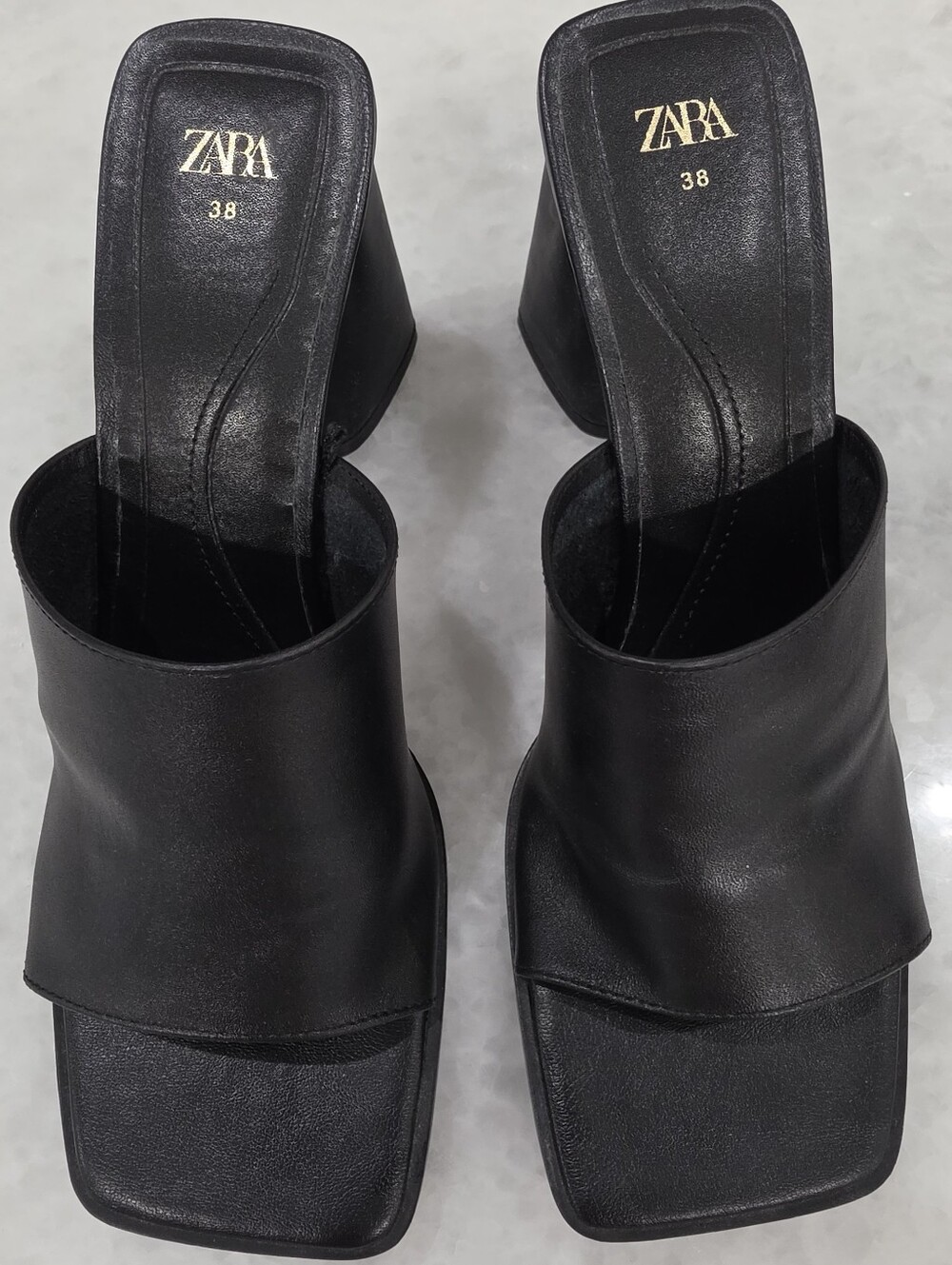 ZARA Black Leather Square-Toe Slide Heels
